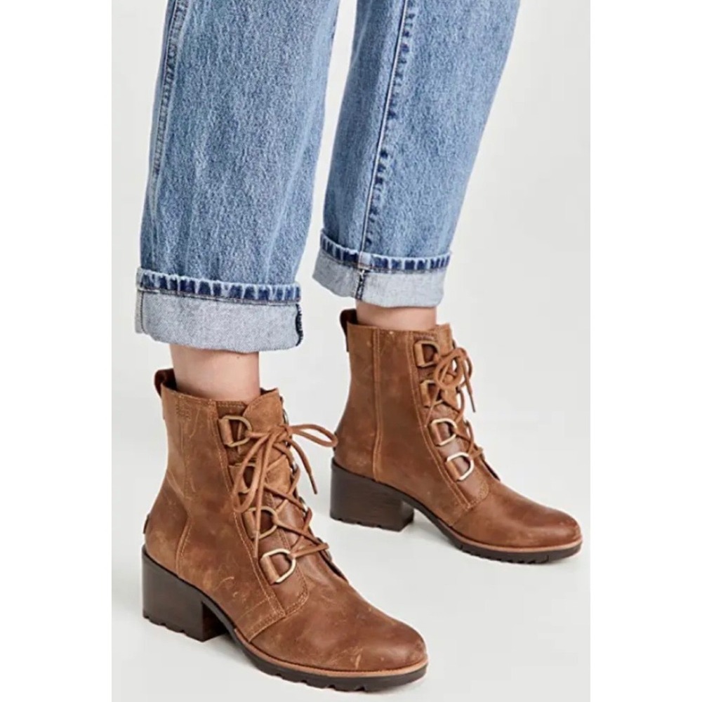 Sorel Cate Womens 10 Lace Up Ankle Boots Brown Leather Block Heel Winter Snow‎